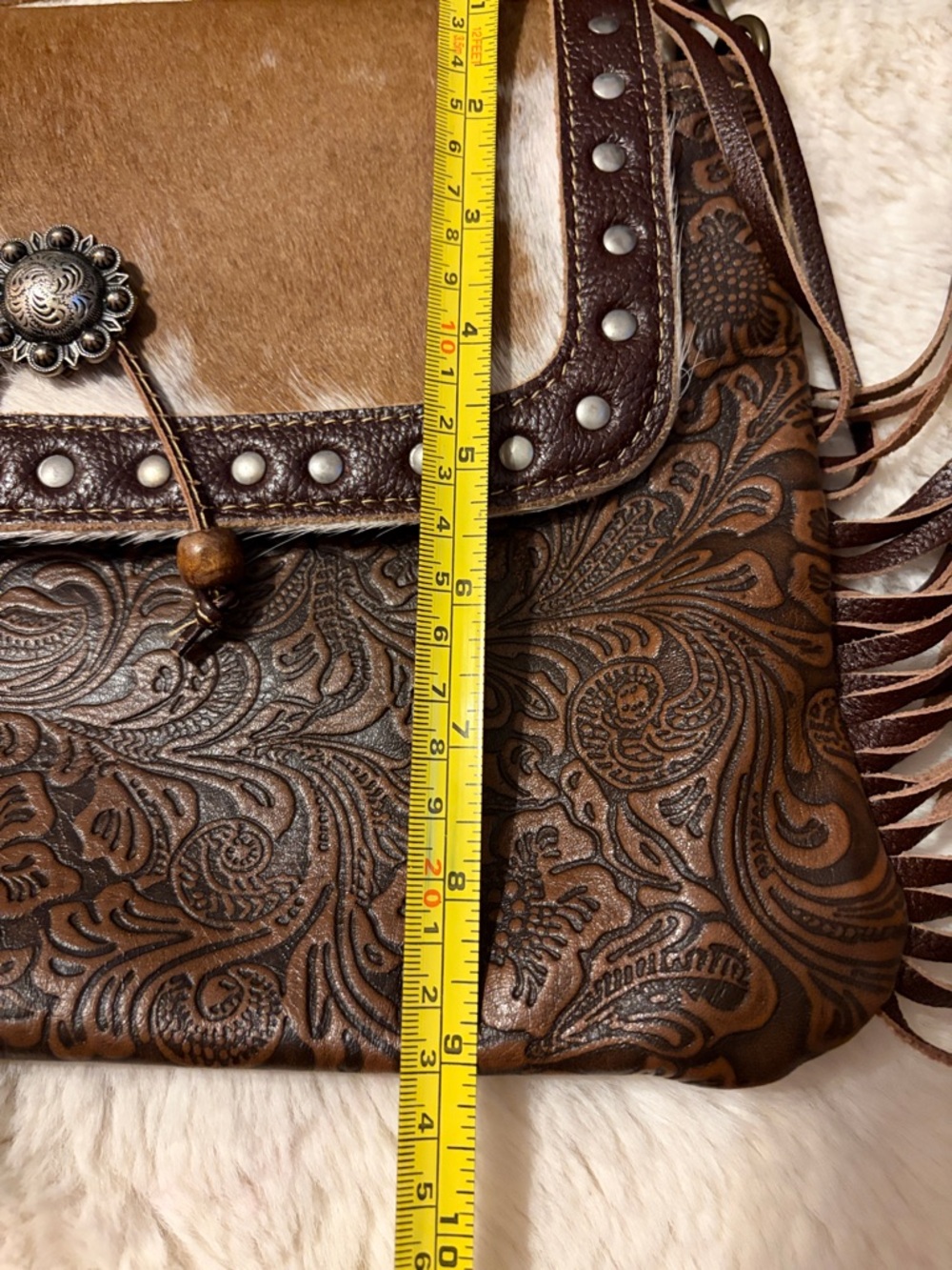 Myra Bag Craved Blossoms Leather Brown & White Hairon Cowhide Flap Crossbody - Picture 11 of 12